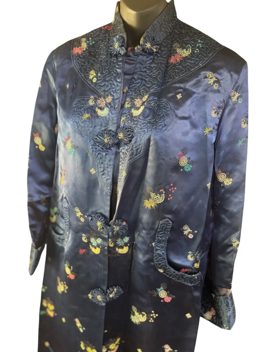 vintage Peony Brand Shanghai China embroidered blue brocade robe - Picture 2 of 13